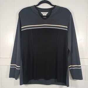 Exclusively Misook Striped Knit Top Women's Large Black Gray Shoulder Padded LS